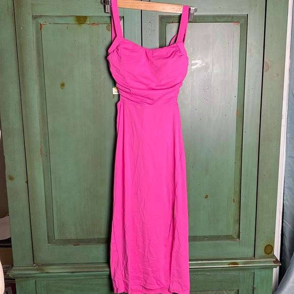 HALARA Dresses & Skirts - HALARA Ruched Backless Crisscross Lace Up Bodycon Midi Casual Dress XS Pink